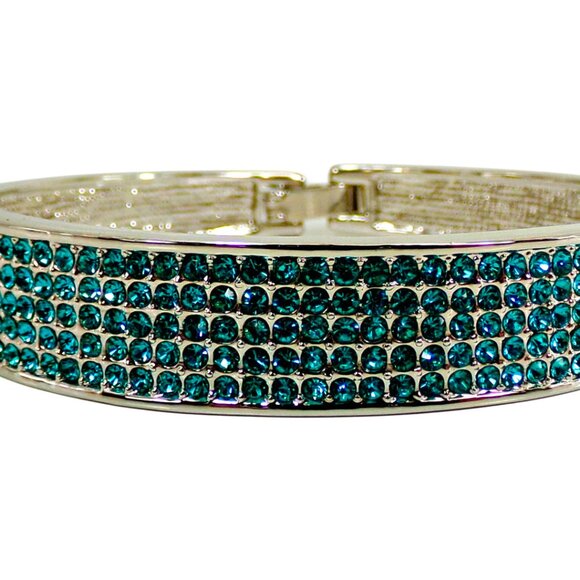 Light blue crystal bangle bracelet, expands open, pave aqua blue crystals - Picture 2 of 11
